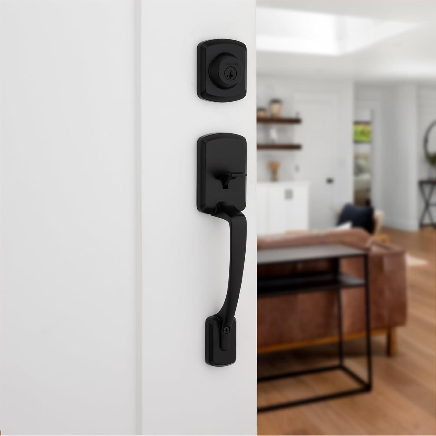 Henley Matte Black Single Cylinder Door Handleset with Round Handle Featuring SmartKey Security