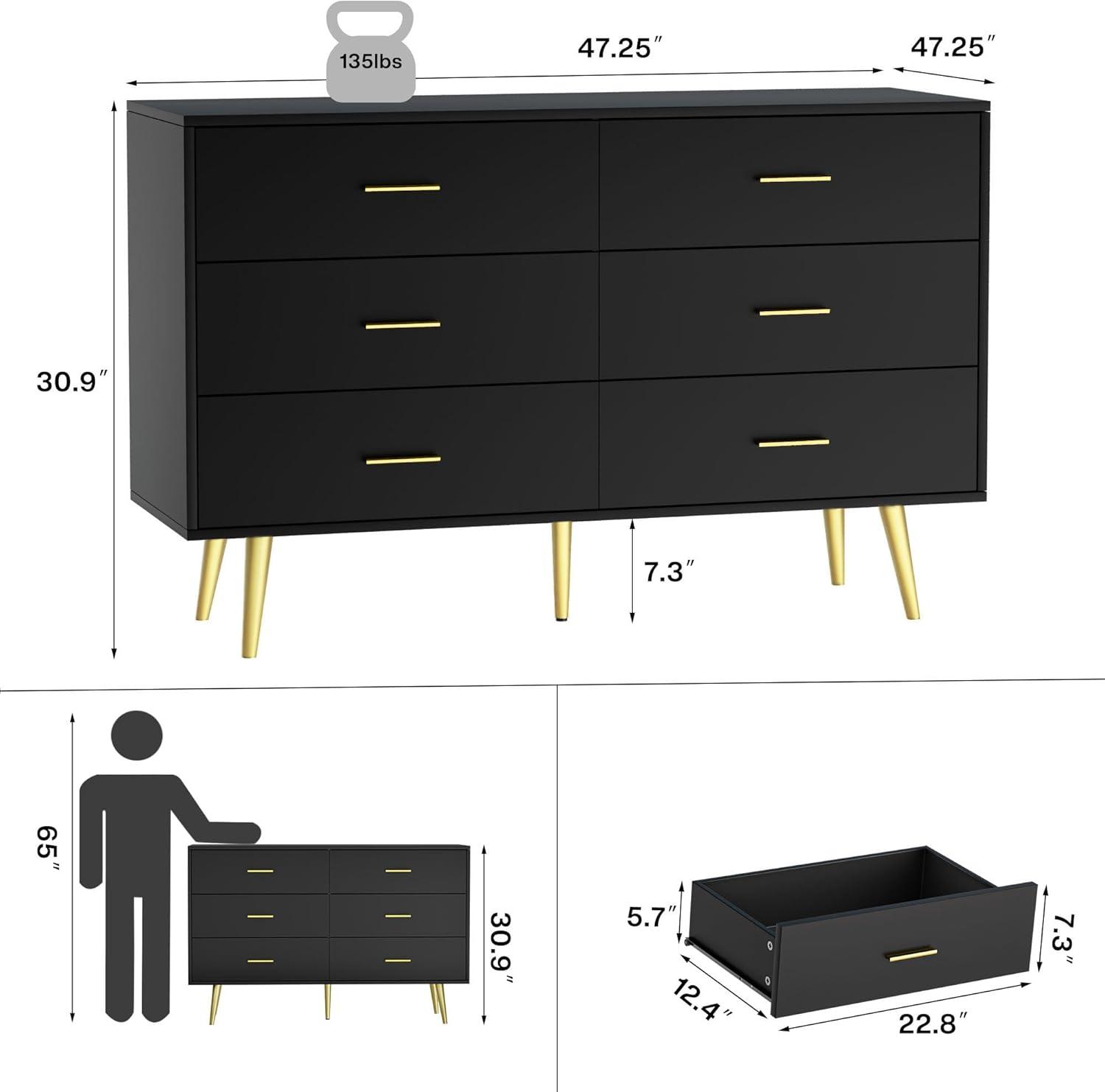 Black Modern 6-Drawer Dresser with Gold Handles