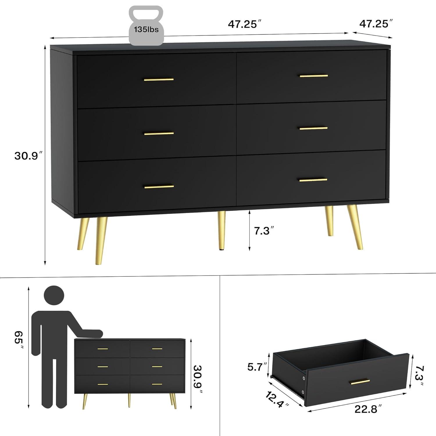 Danolapsi 6 Drawer Dresser,6-Drawer Chest of Drawers for Bedroom,Wooden Dresser with Gold Handles,Chest Dresser with Deep Drawers Modern Storage Drawers for Bedroom,Living Room and Entryway