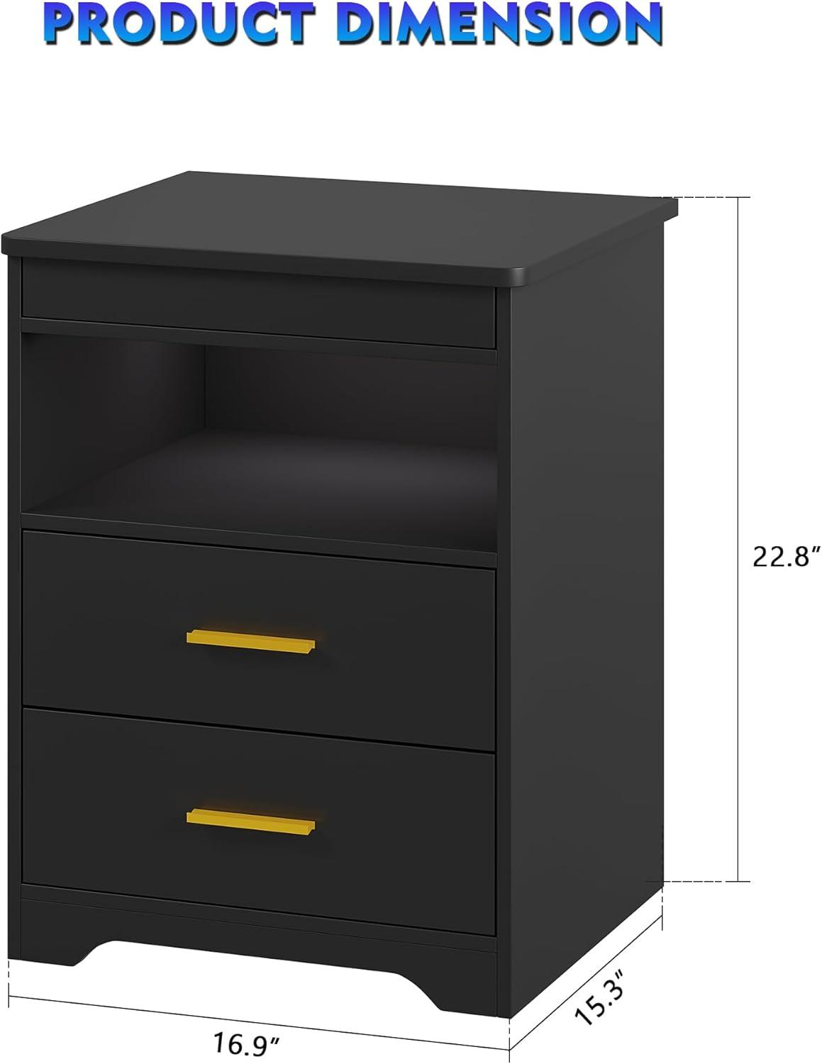 Black Nightstand Set of 2 with Outlets&USB Ports&LED Lights Modern Bedside Table Storage Cabinet with 2 Fabric Drawers for Bedroom