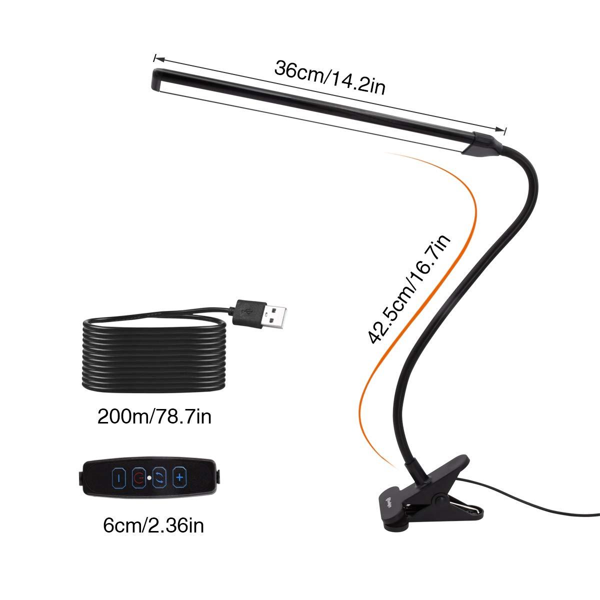 Clamp on Lamp, Clip Light, Desk Lamps with 3 Color Temperature Settings, 10 Brightness Levels, 2m USB Cord Power Supply and AC Adapter Included, Pack of 2 (Black)