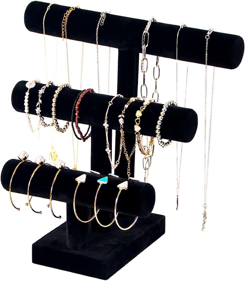 T Bar Bracelet Display Stand,Bracelet Organizer Holder,Jewelry Display Stand, Necklace Bangle Scrunchie Watch Organizer (Black, 3 tier)