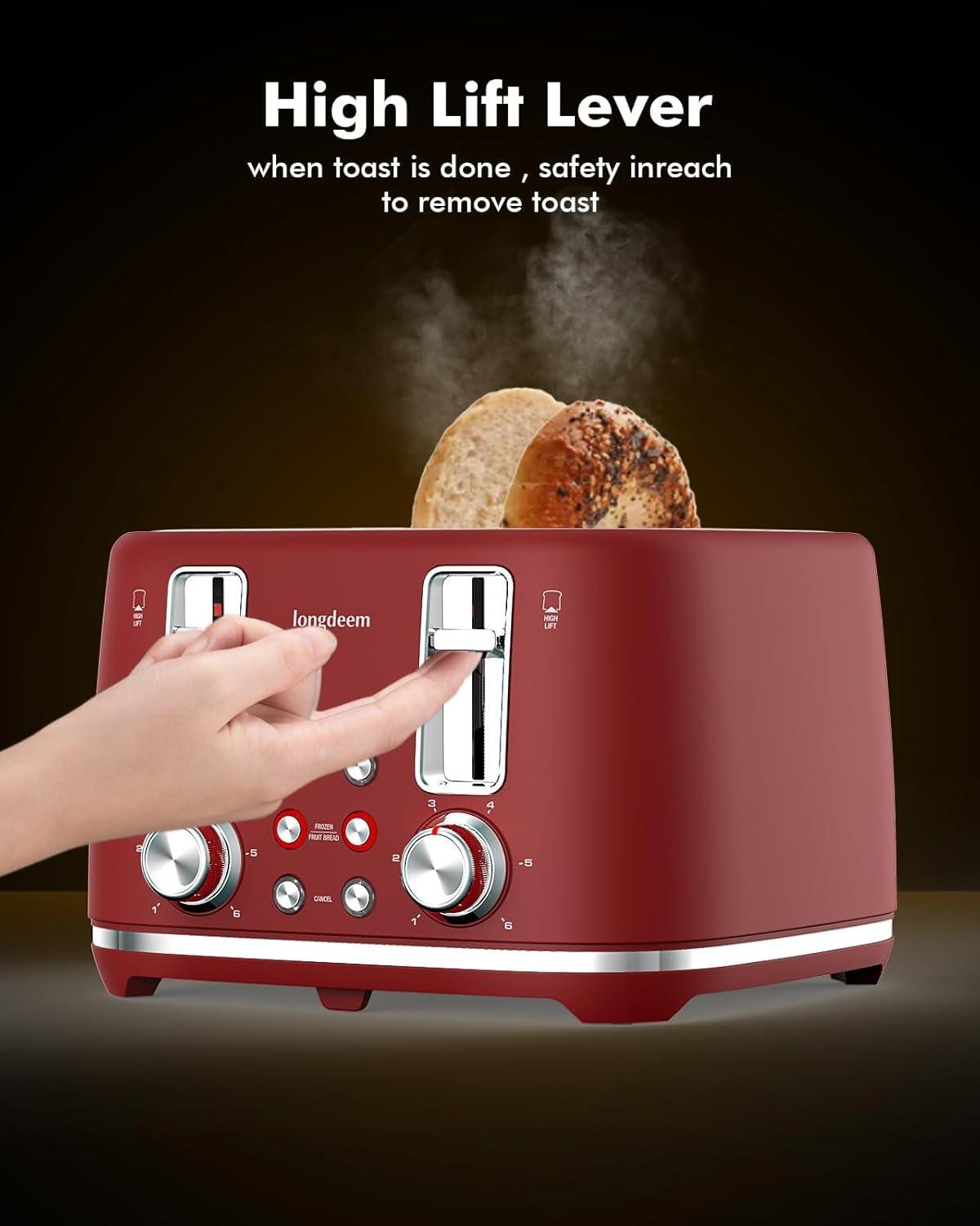 LONGDEEM 4 Slice Toaster, Extra Wide Slots, Longdeem Retro Stainless Steel Toasters, 6 Browning Options, Auto Shut Off & Frozen Function, Toast Fruit Bread, Bagel & Waffle