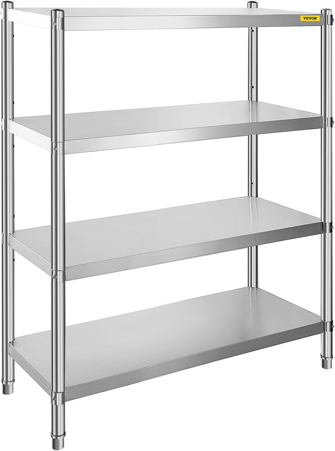 VEVORbrand Stainless Steel Shelving 46.8x18.5 inch 4 Tier Adjustable Shelf Storage Unit Stainless Steel Heavy Duty Shelving for Kitchen Commercial Office Garage Storage 330lb Per Shelf