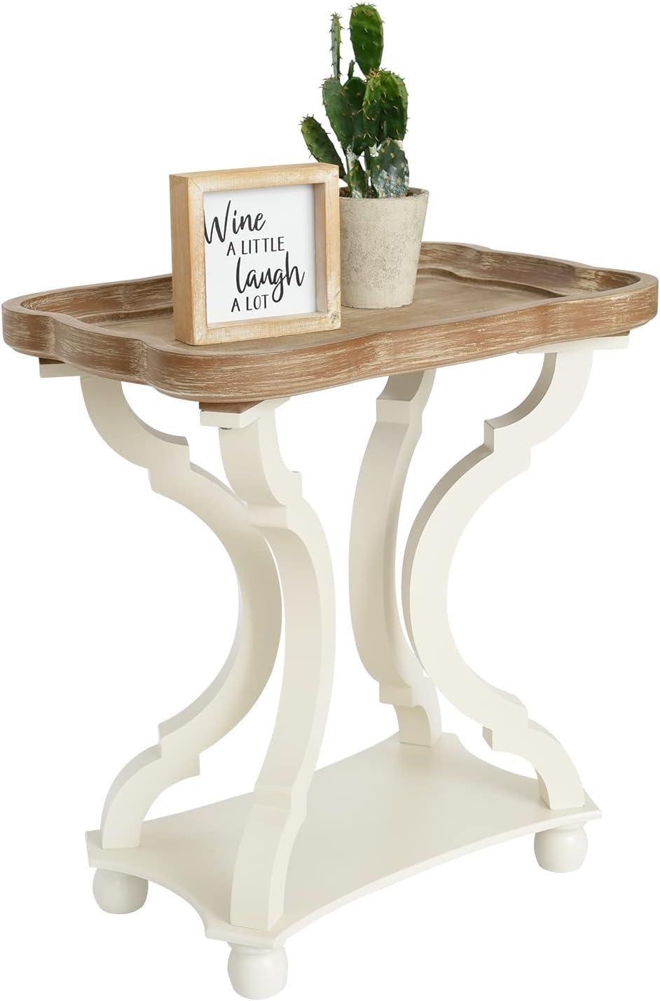 Kinbor Accent Wood Farmhouse End Table Side Tables Nightstand Natural Tray Top and Legs, White