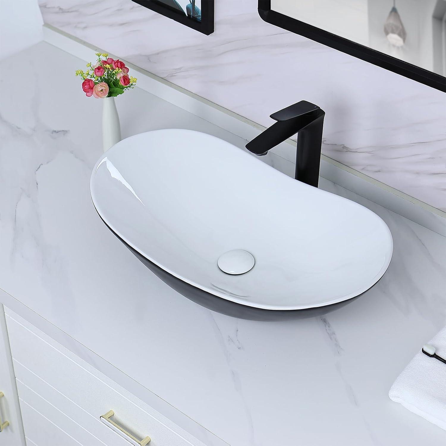 Matte Black Oval Ceramic Vessel Sink with Pop-Up Drain