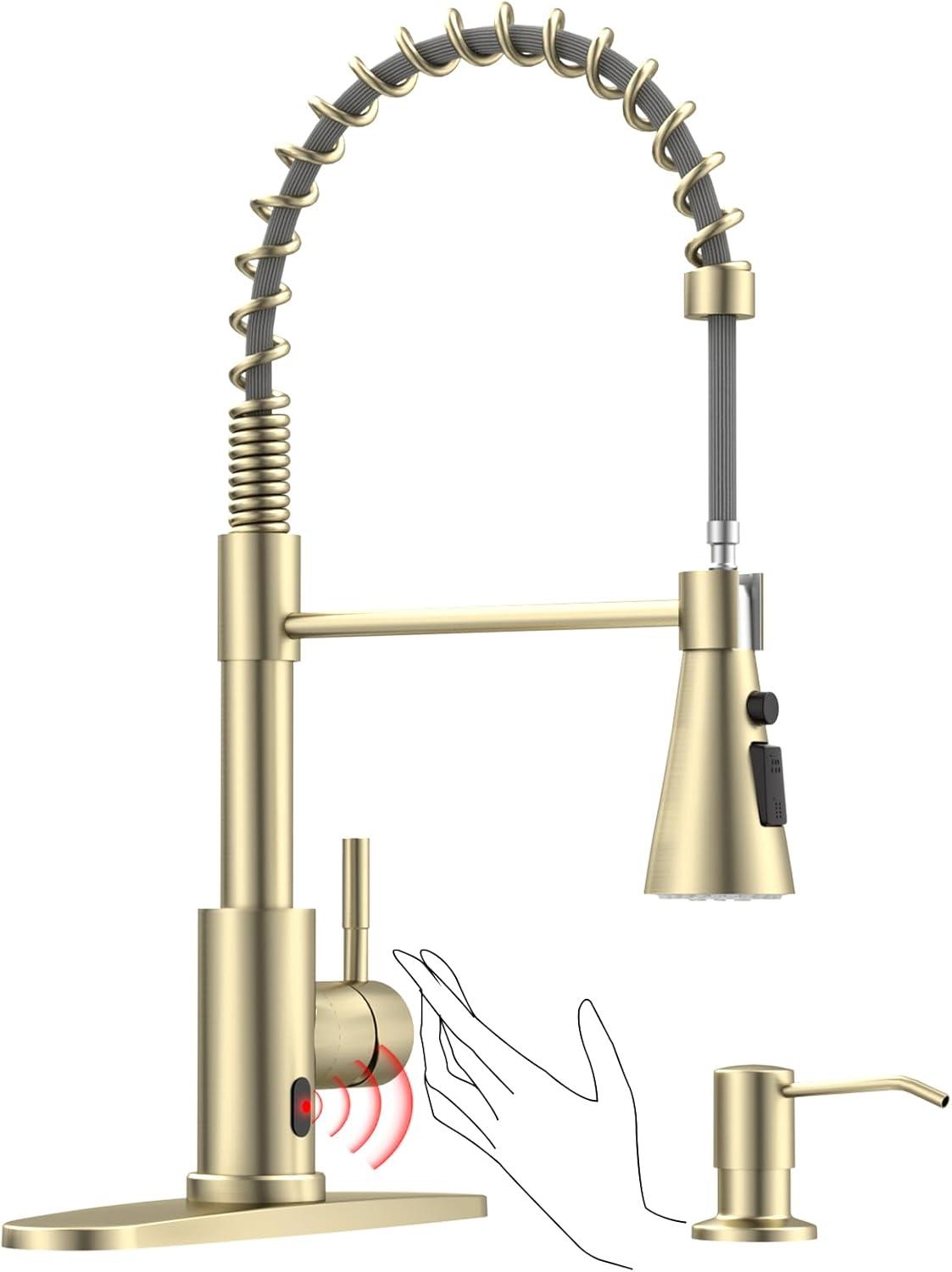 Brushed Gold Touchless Kitchen Faucet with Pull-out Spray