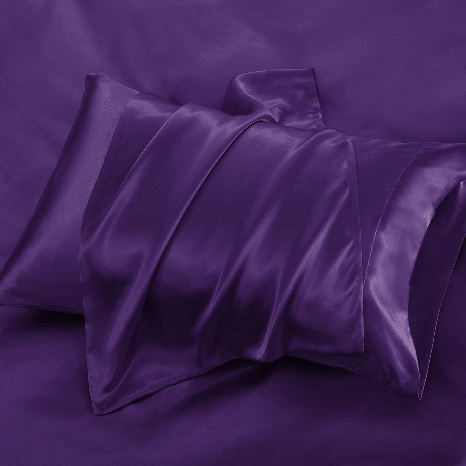 Hight Thread Count Solid Color Soft Silky Charmeuse Satin Luxury and Super Soft Bed Sheet Set (Purple, Queen)