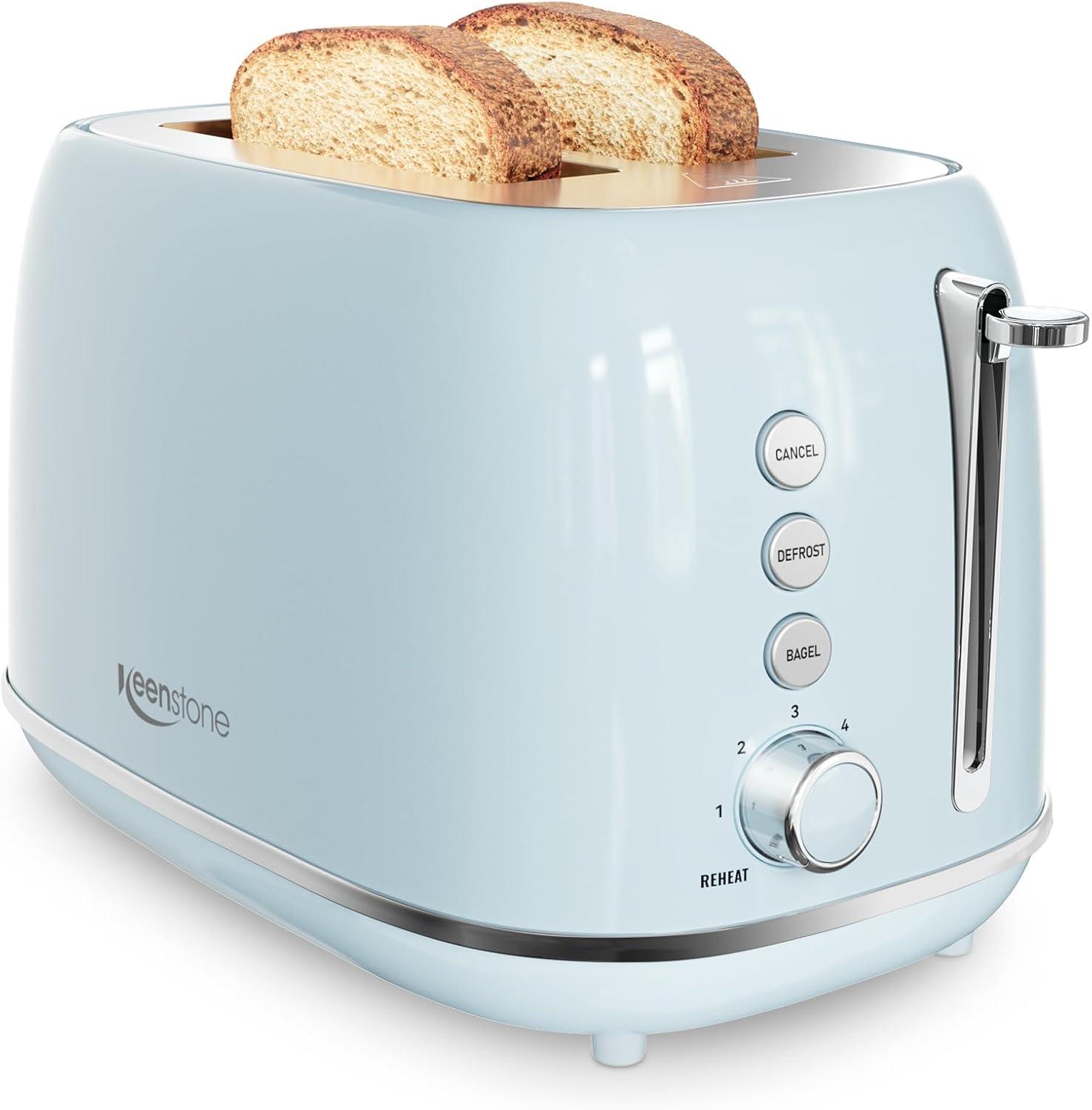 2 Slice Toaster Retro Stainless Steel Toaster with Bagel, Cancel, Defrost Function and 6 Bread Shade Settings Bread Toaster, Extra Wide Slot and Removable Crumb Tray, Blue