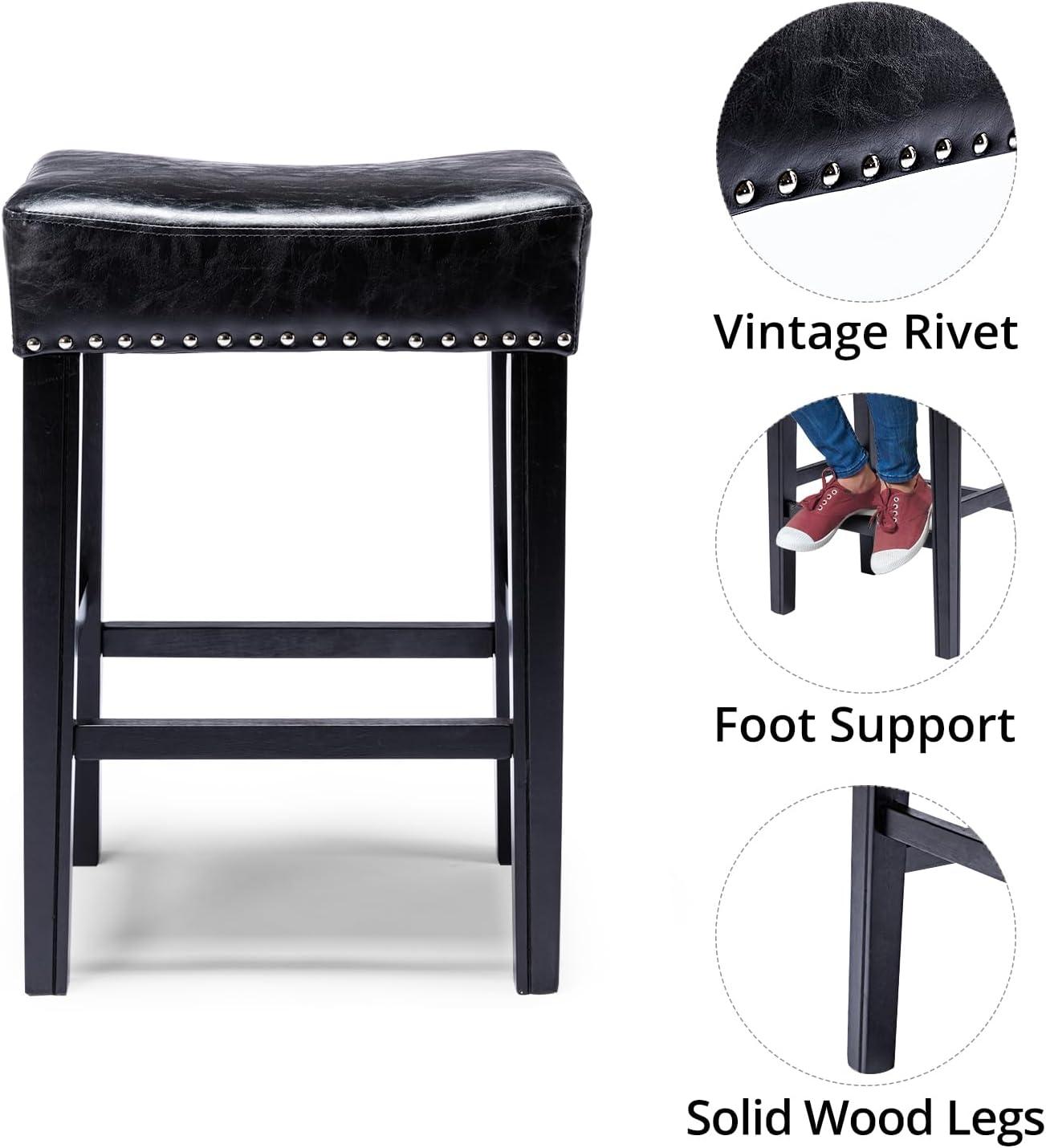 Lecut 26 Inch Wood Saddle Seat Barstool Set of 2 PU Leather Kitchen Counter Stools Nailhead Wood Pub-Height Saddle Stool Black
