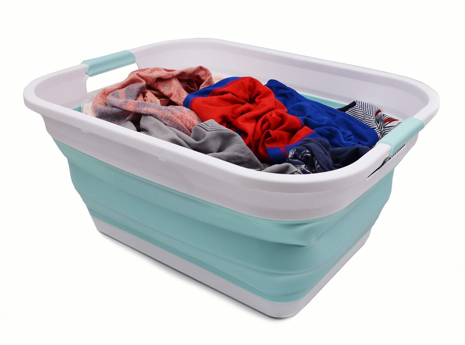 SAMMART 41L (10.8 gallon) Collapsible Plastic Laundry Basket, White/Lake Green