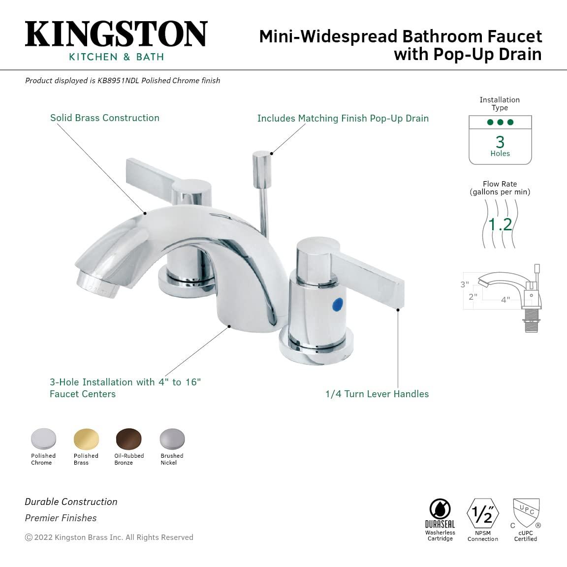 Kingston Brass NuvoFusion Two-Handle 3-Hole Deck Mount Mini-Widespread Bathroom Faucet with Plastic Pop-Up