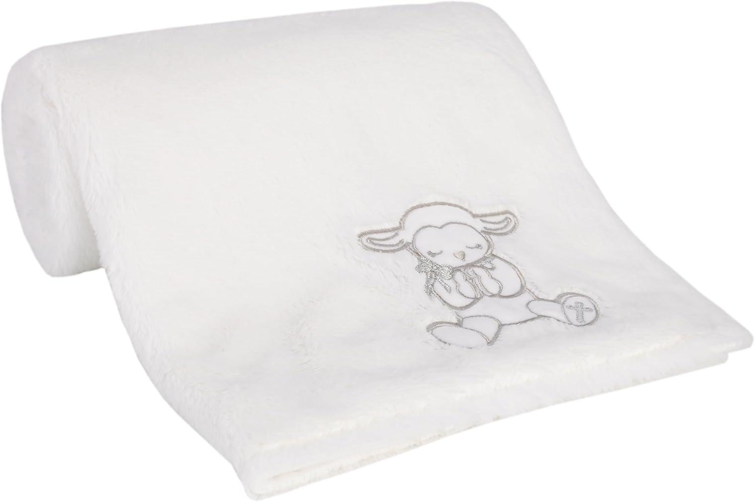 Little Love by NoJo Plush White Lamb Baptism Baby Blanket with Praying Hands and Embroidered Cross for Baptism or Christening Gifts