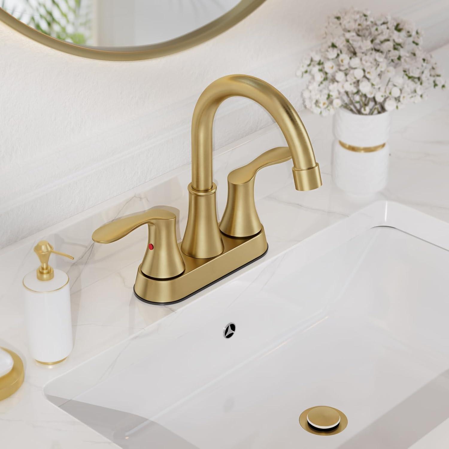 Phiestina 4 Inch 2 or 3 Hole Bathroom Sink Faucet Centerset Brushed Gold 2 Handle RV 360°Swivel Bath Vanity Faucet with Metal Pop Up Drain & Water Supply line, TY36-BG