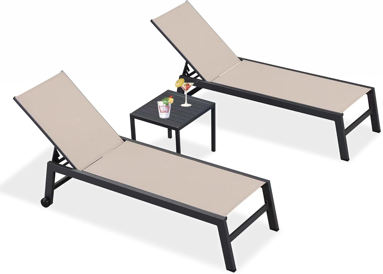 PURPLE LEAF Outdoor Chaise Lounge with Wheels for Outside 2 Pieces Aluminum Patio Lounge Chair with 5 Adjustable Position for Outdoor, Beach, Yard, Pool, Side Table Included, Light Grey