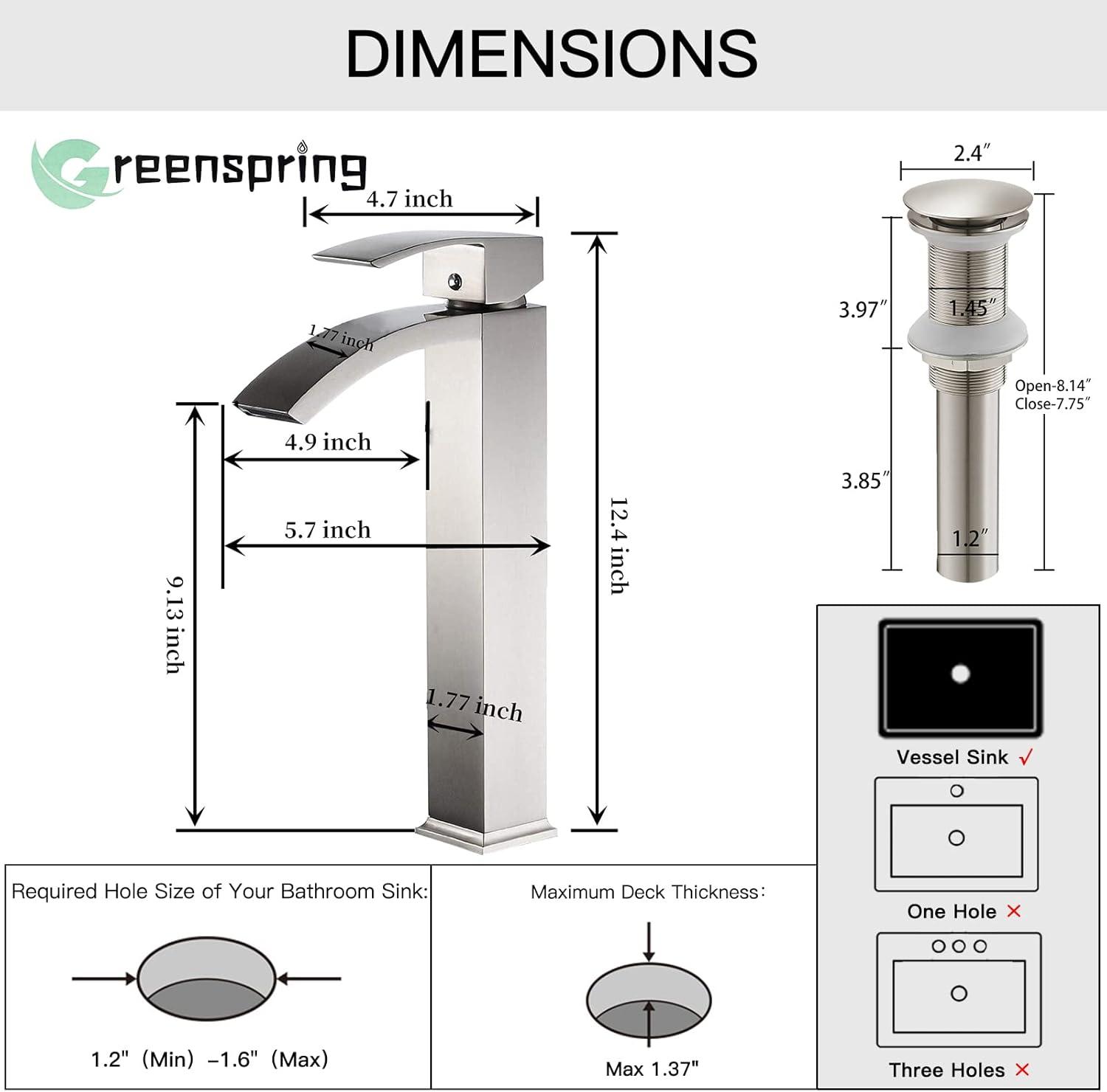 Brushed Nickel Tall Waterfall Bathroom Sink Faucet with Pop Up Drain