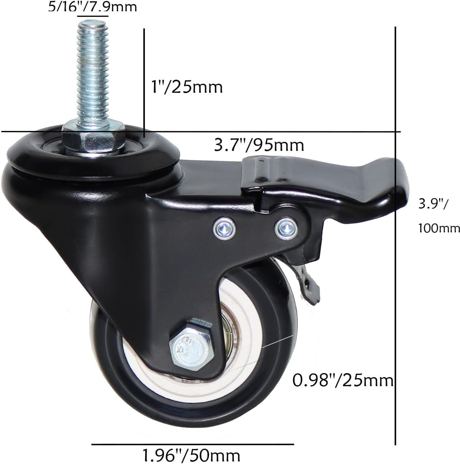 2'' Caster Wheels, Swivel Stem Casters 5/16'' - 18x1'' (Screw Diameter 5/16'', Screw Height 1'') 330Lbs Heavy Duty Threaded Casters No Noise PU Dual Locking Castors with Brake