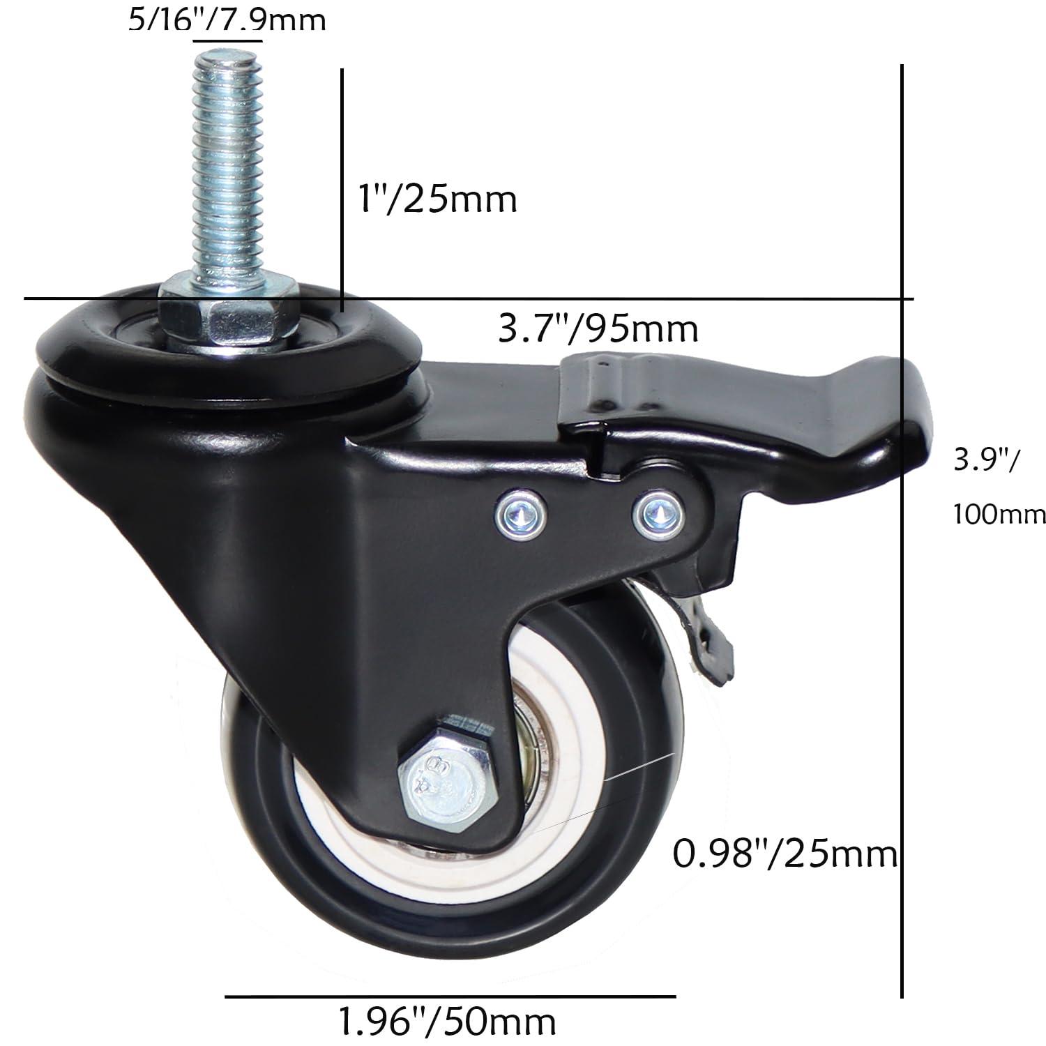 2'' Caster Wheels, Swivel Stem Casters 5/16'' - 18x1'' (Screw Diameter 5/16'', Screw Height 1'') 330Lbs Heavy Duty Threaded Casters No Noise PU Dual Locking Castors with Brake