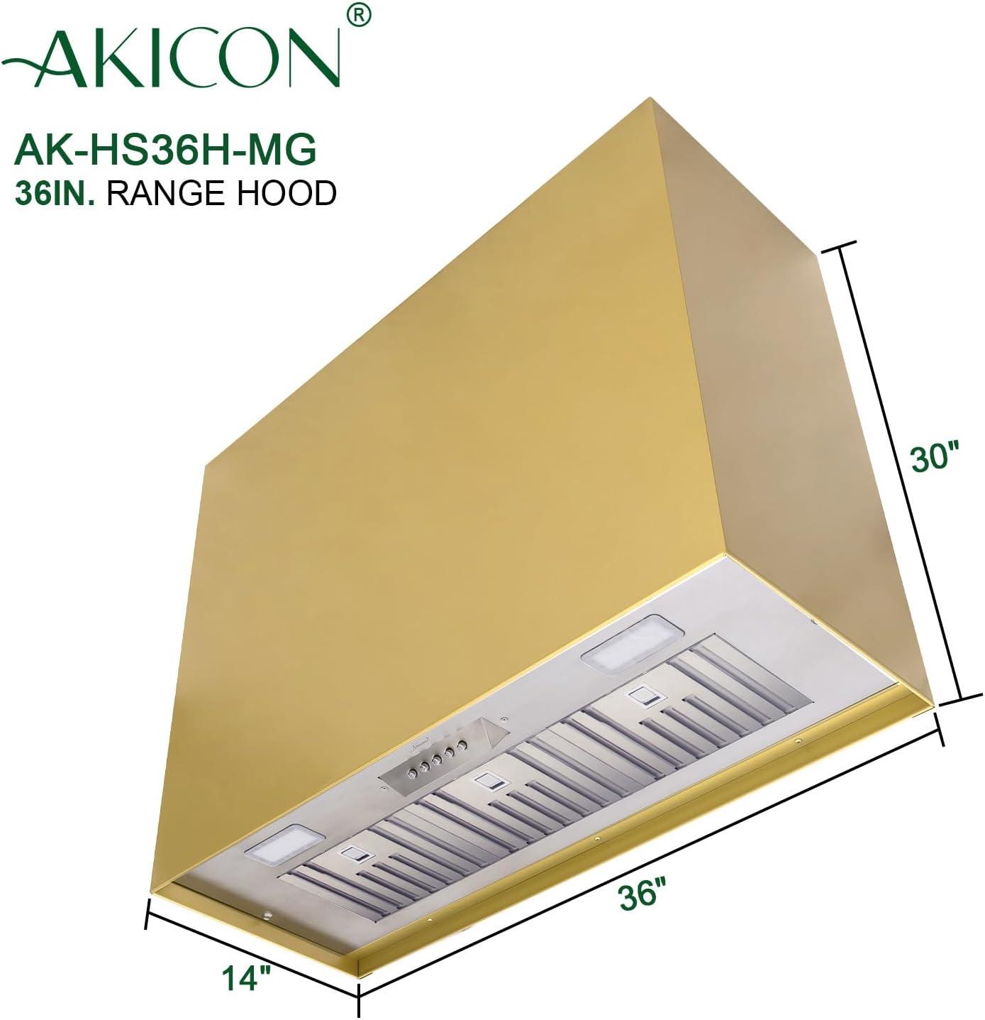 Akicon Stainless Steel Range Hood, Modern Box Kitchen Hood with Powerful Vent Motor, Wall Mount, 30”W*30”H*14D, Matte Gold (AKHS30H-MG)