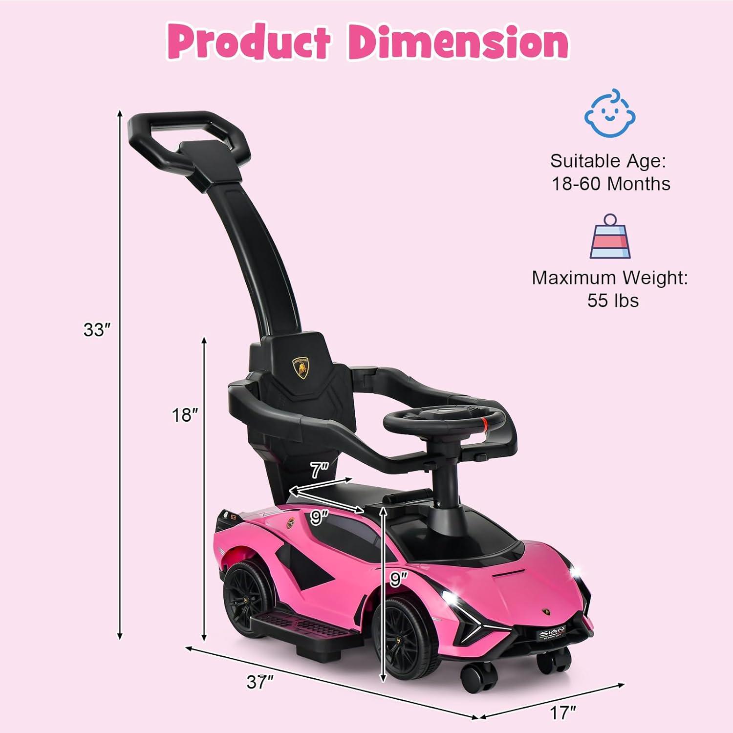 OLAKIDS 3 in 1 Ride on Push Car, Licensed Lamborghini Stroller Sliding Walking Car with Push Handle, Music, USB, Headlight, Under Seat Storage, Kids Foot-to-Floor Toy for 18-60 Months