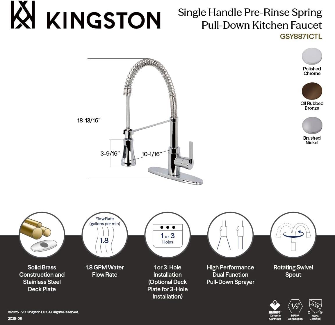 Kingston Brass GSY8875CTL Kingston Brass Continental Single-Handle 1-or-3 Hole Deck Mount Pre-Rinse Kitchen Faucet