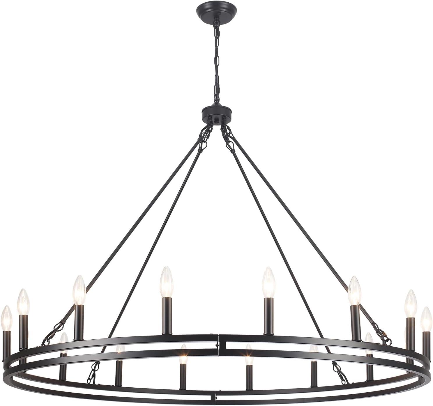 16-Lights Wagon Wheel Chandelier 47 Inch Black Farmhouse Chandelier Large Chandeliers for High Ceilings Round Modern Farmhouse Chandeliers Ceiling Light for Living Room Dining Room Foyer Entryway