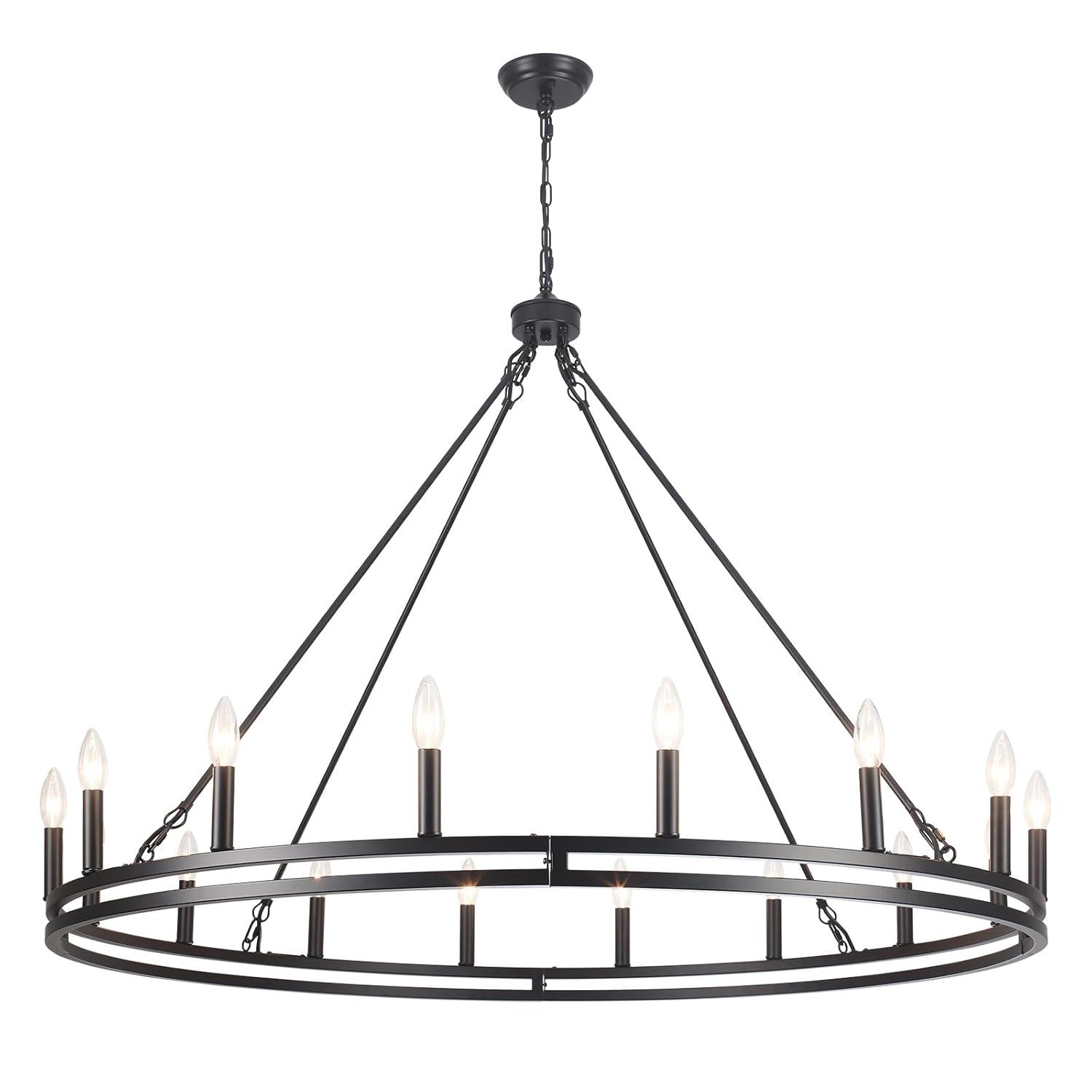 16-Lights Wagon Wheel Chandelier 47 Inch Black Farmhouse Chandelier Large Chandeliers for High Ceilings Round Modern Farmhouse Chandeliers Ceiling Light for Living Room Dining Room Foyer Entryway