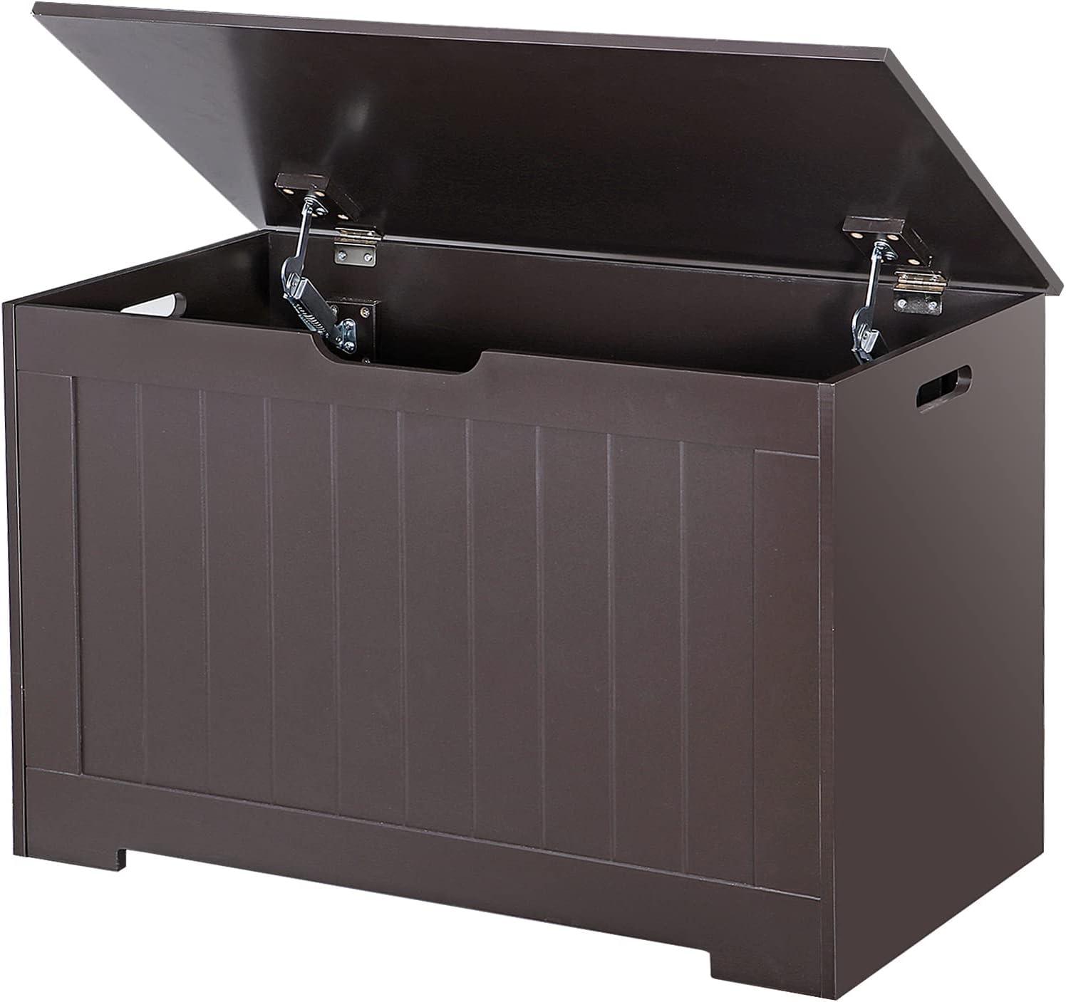 Toy Chest for Girls Boys Wooden Storage Box with Flip-top Lid & Safety Hinge, Kids Room Play Room Nursery Organizer, Bedroom Bench with 100L Storing Area, Brown