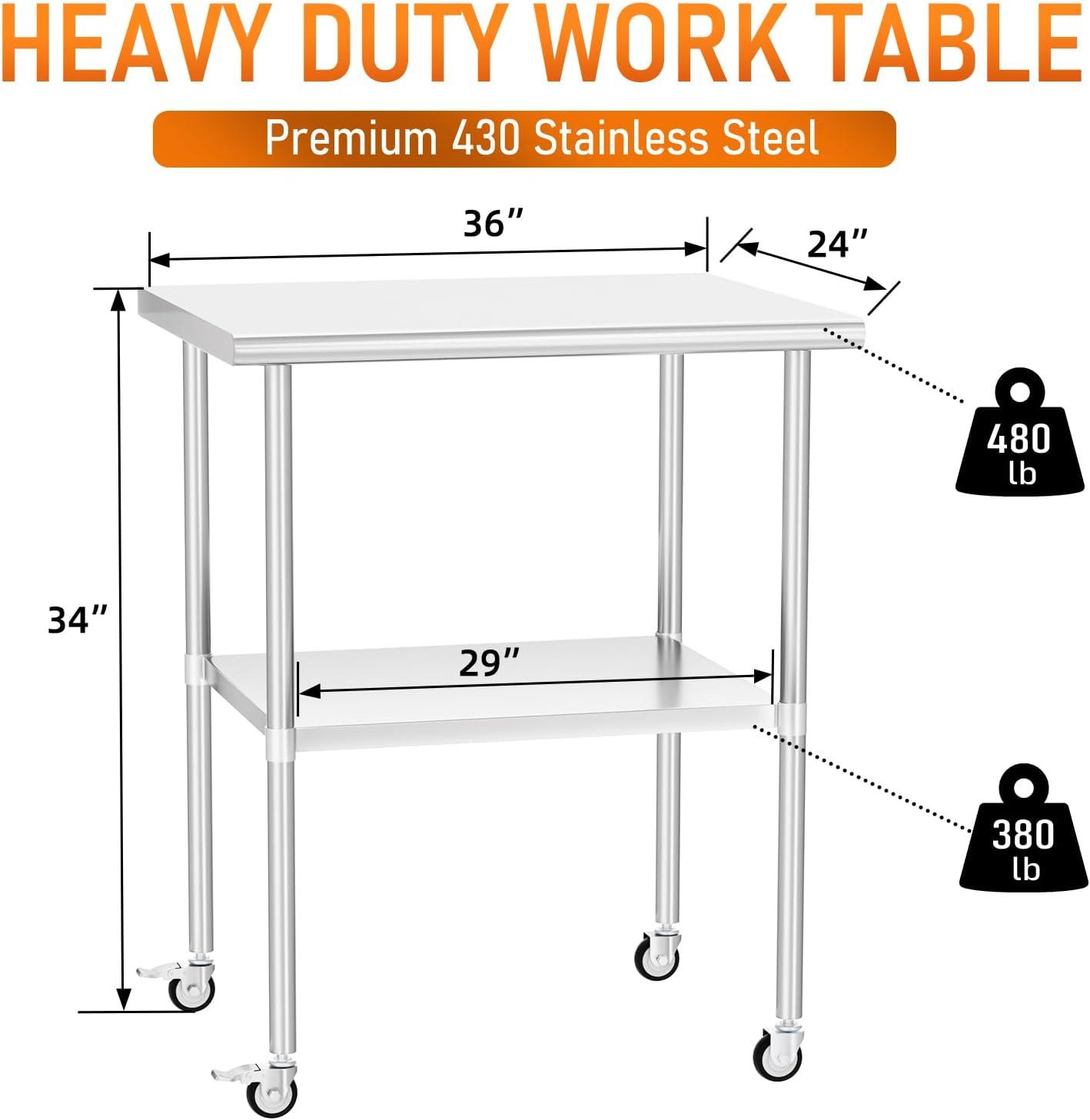 36"x24" Stainless Steel Kitchen Work Prep Table Commercial Workbench With Wheels