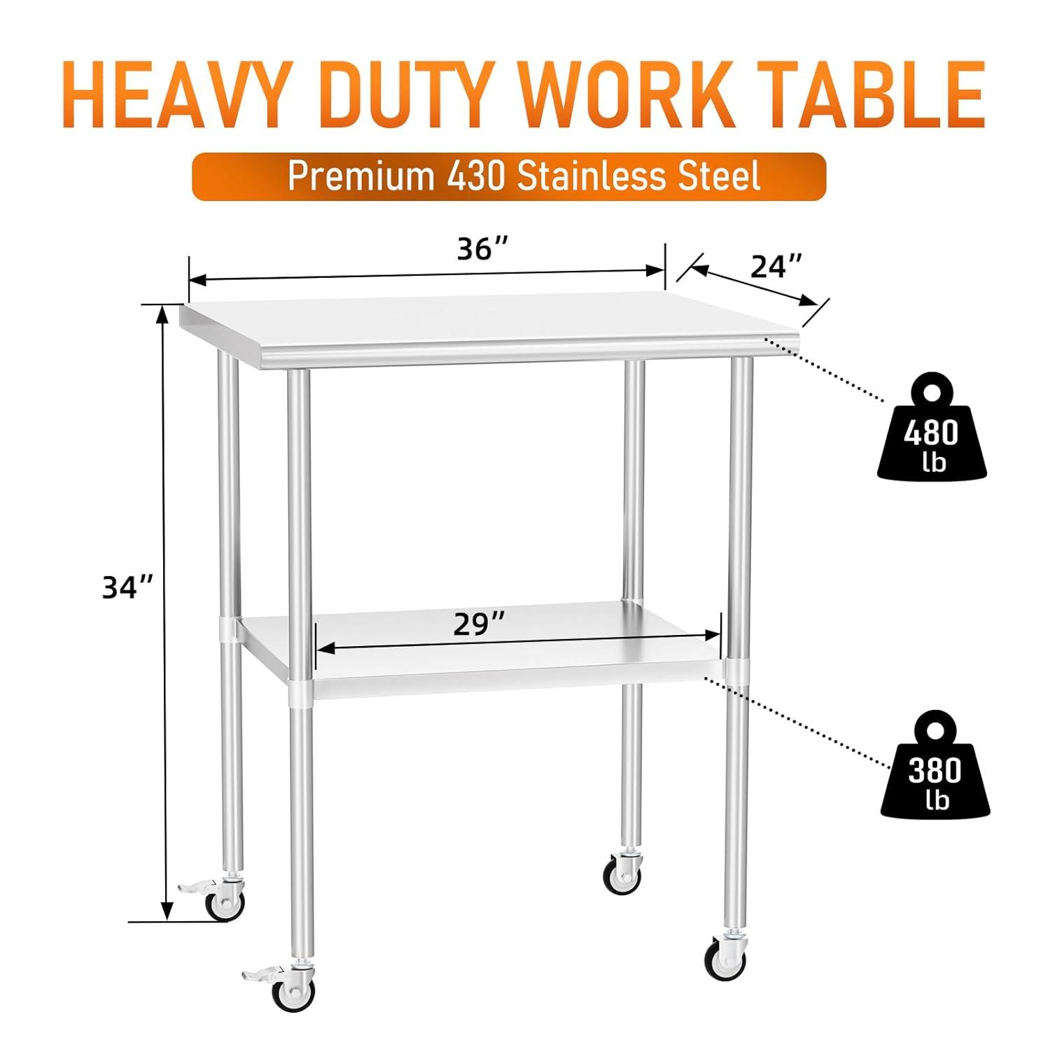 36"x24" Stainless Steel Kitchen Work Prep Table Commercial Workbench With Wheels
