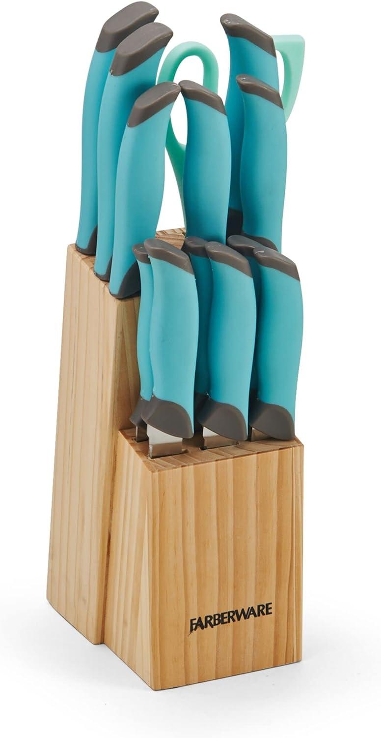 Aqua and Gray 14-Piece Soft Grip Knife Block Set