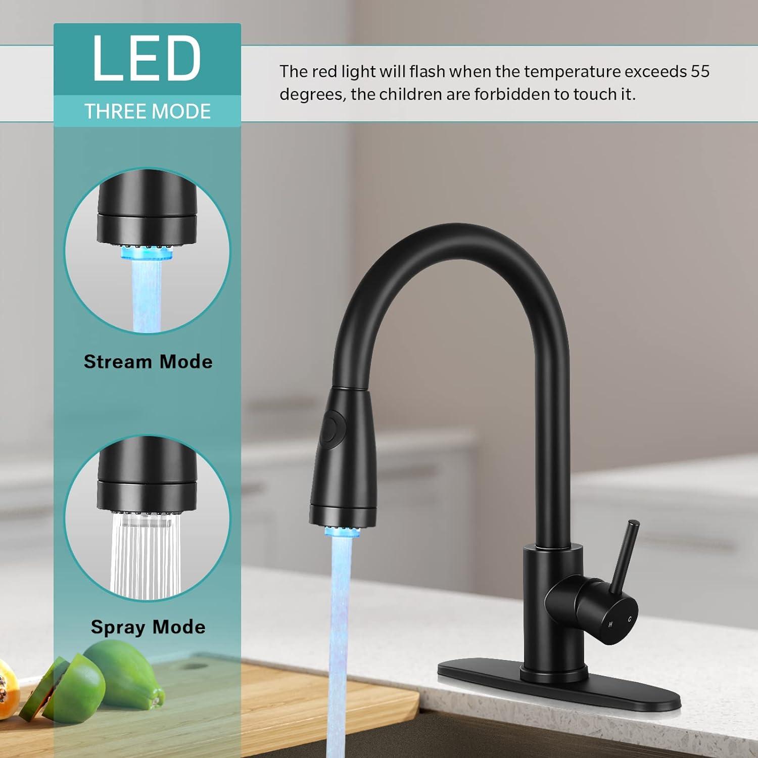 Matte Black Stainless Steel High-Arc Kitchen Faucet with LED Pull-Out Spray