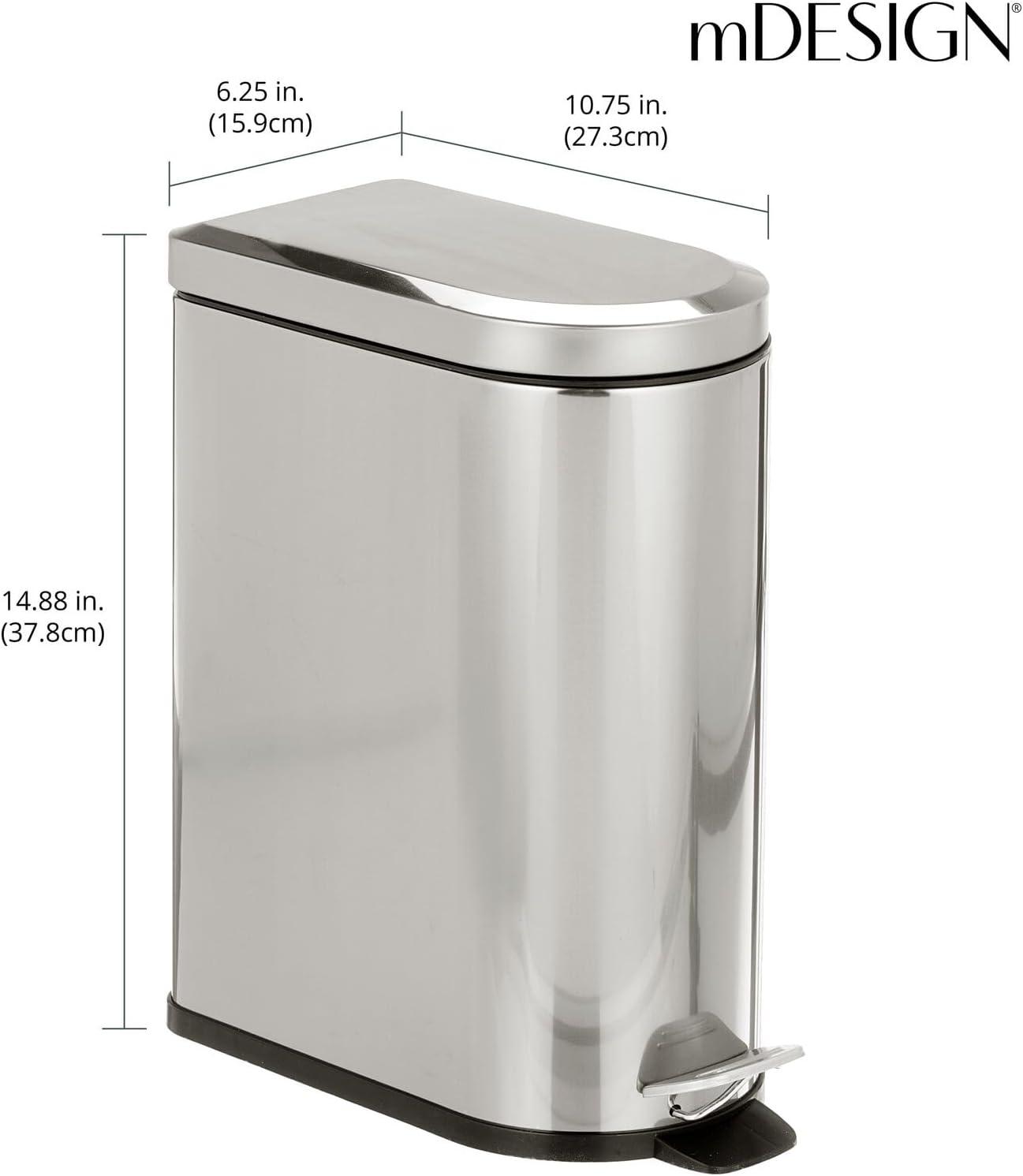 mDesign Small 2.6 Gallon Steel Metal Step Trash Can for Bathroom, Brushed/Chrome