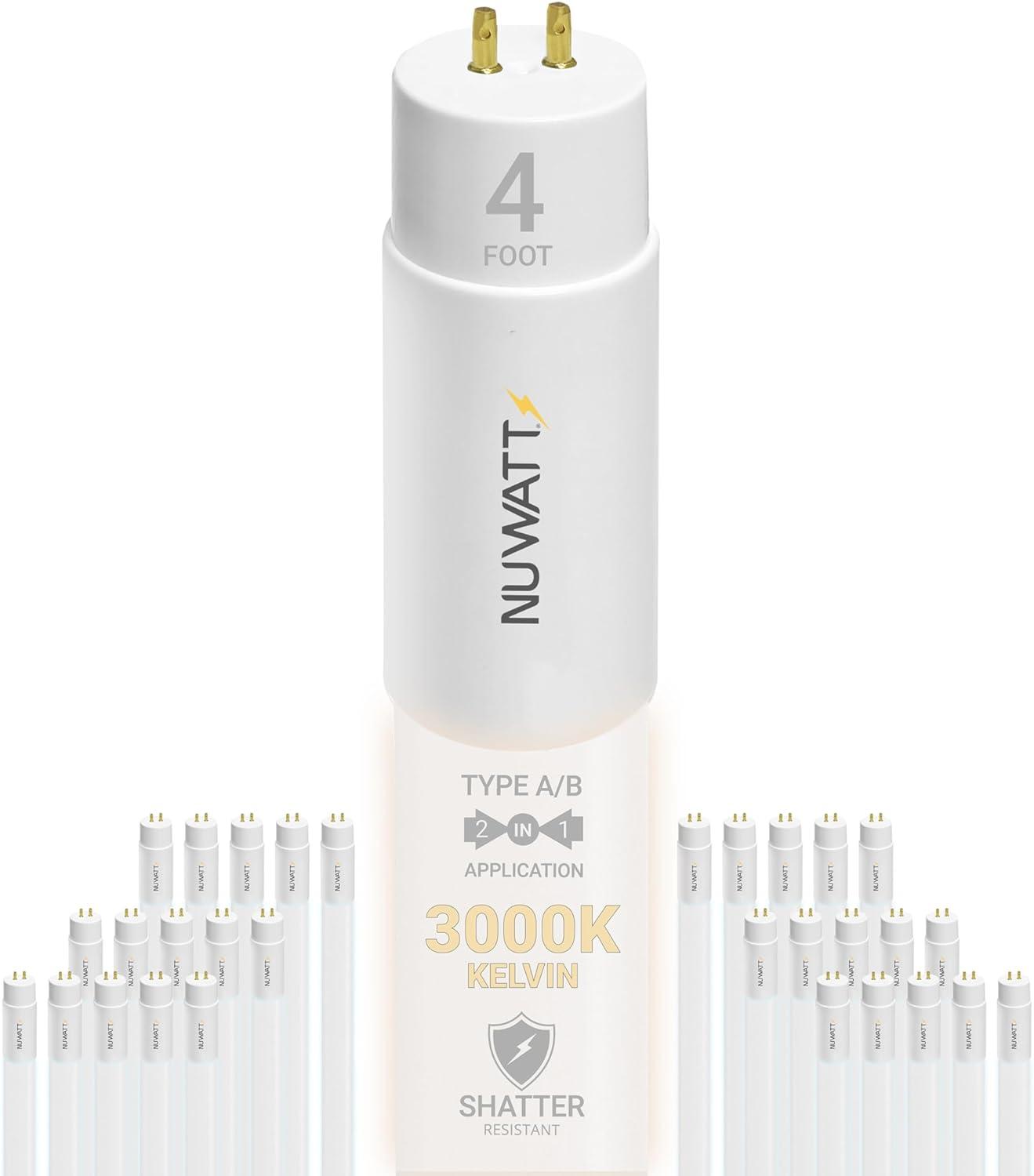 NuWatt 4FT T8 LED Tube Lights A&B Hybrid 3000K warm White, 18W Plug & Play or Ballast Bypass,G5 30PK