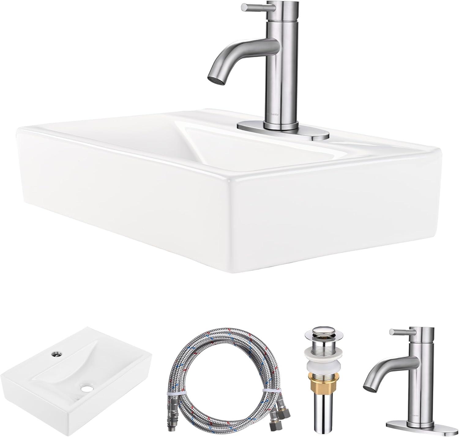 Aquaterior Rectangle Bathroom Ceramic Vessel Sink With Bathroom Single Hole Faucet Drain Combo