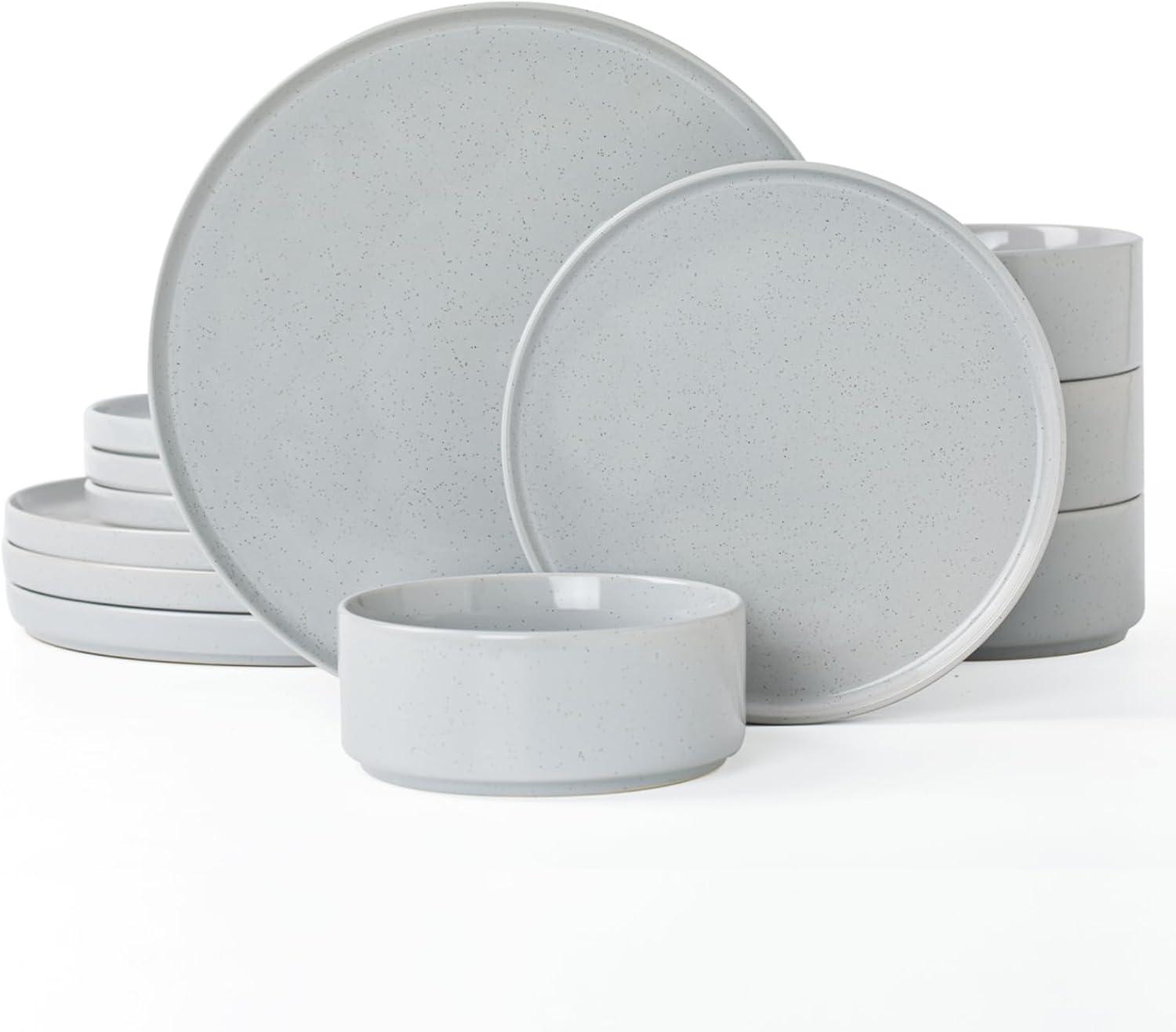 Famiware 12 Piece Dinnerware Set, Stoneware Plates and Bowls Set, Dish Set for 4, Light Gray