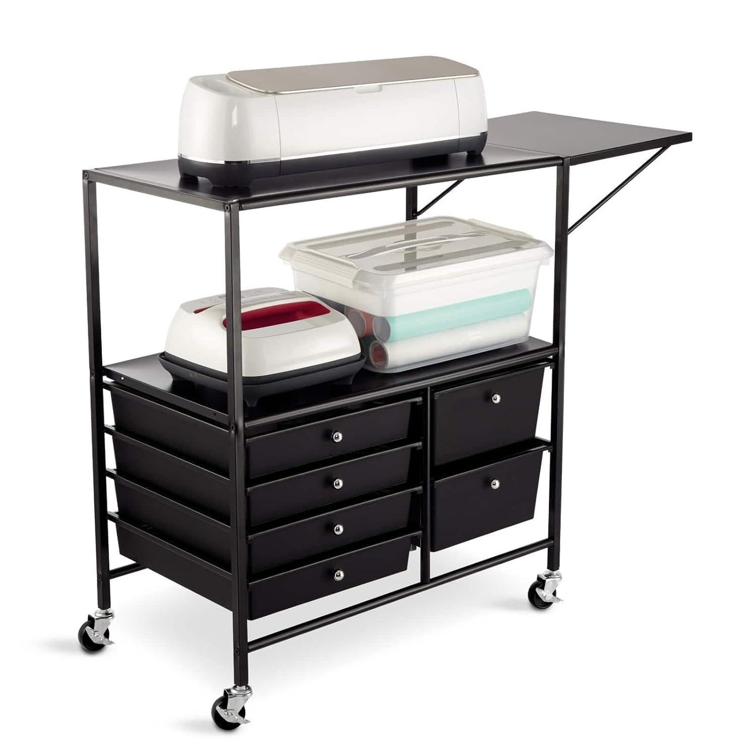 Essex Black Drawers & Rolling Cart with Tray and Extendable Table by Simply Tidy - Multi-Functional Storage Cart for Art & Craft Supplies - 1 Pack