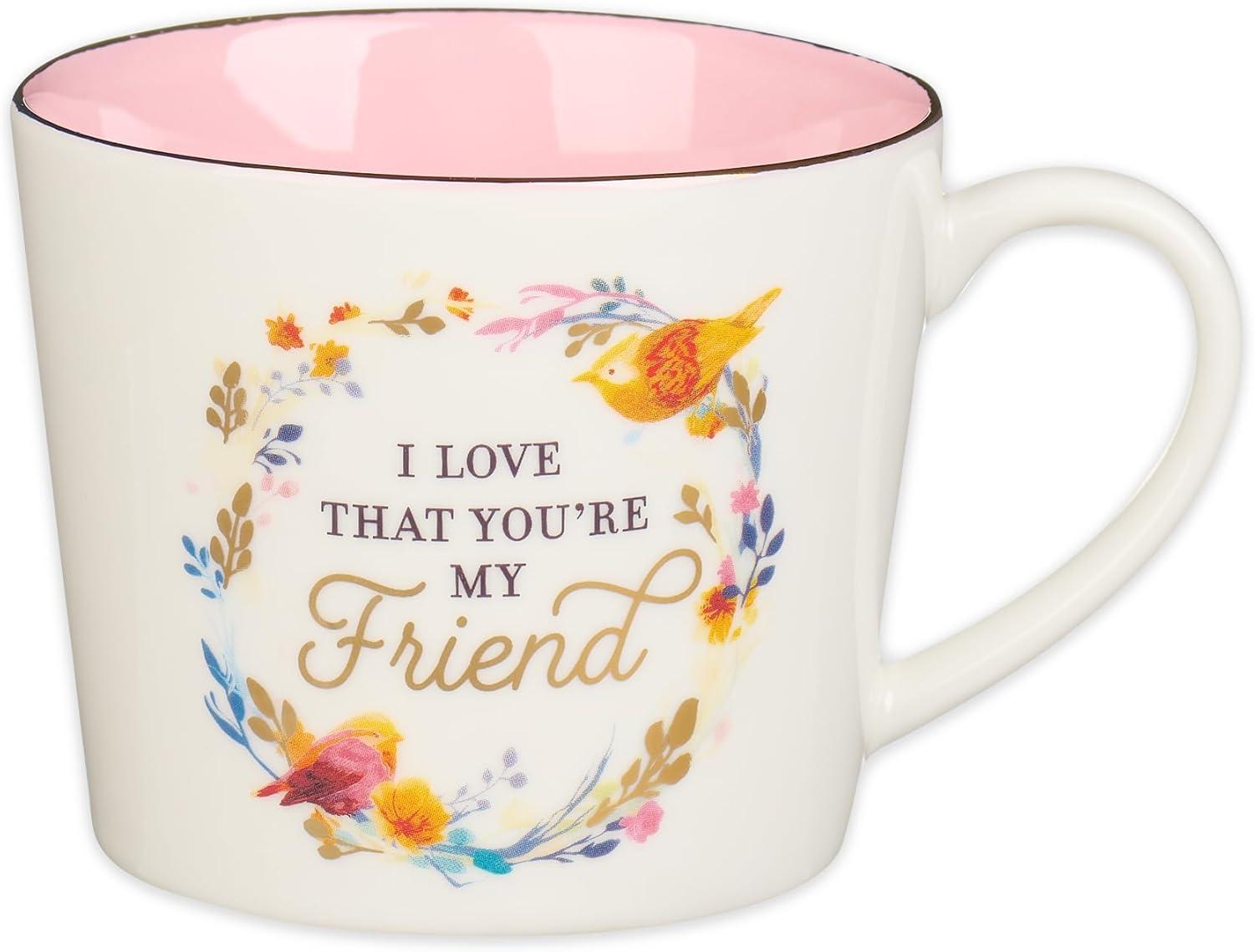 Christian Art Gifts Novelty Ceramic Floral Coffee & Tea Mug for Women: I Love that You're My Friend - Prov. 27:9 Inspirational Scripture, Lead-free Multicolor w/Birds & Gold Design, White/Pink, 13 oz.