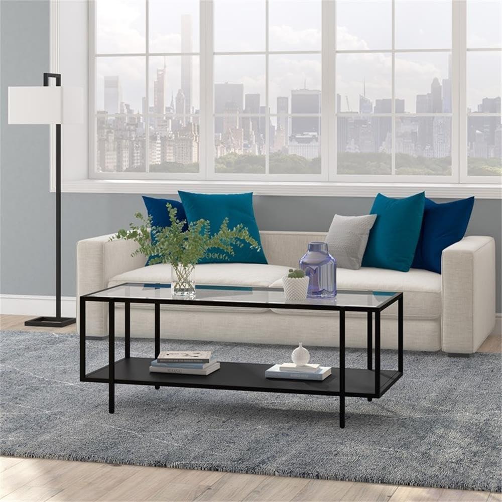 Evelyn&Zoe Vireo 45" Wide Rectangular Coffee Table with Metal Shelf in Blackened Bronze