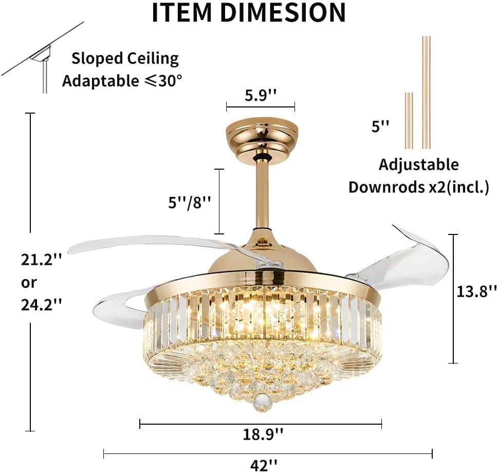 HOOMEDELIER 42" Chandelier Ceiling Fan with Remote, Crystal Beads Framed Fan with 4 Retractable Blades Smart Indoor Fandelier Fan