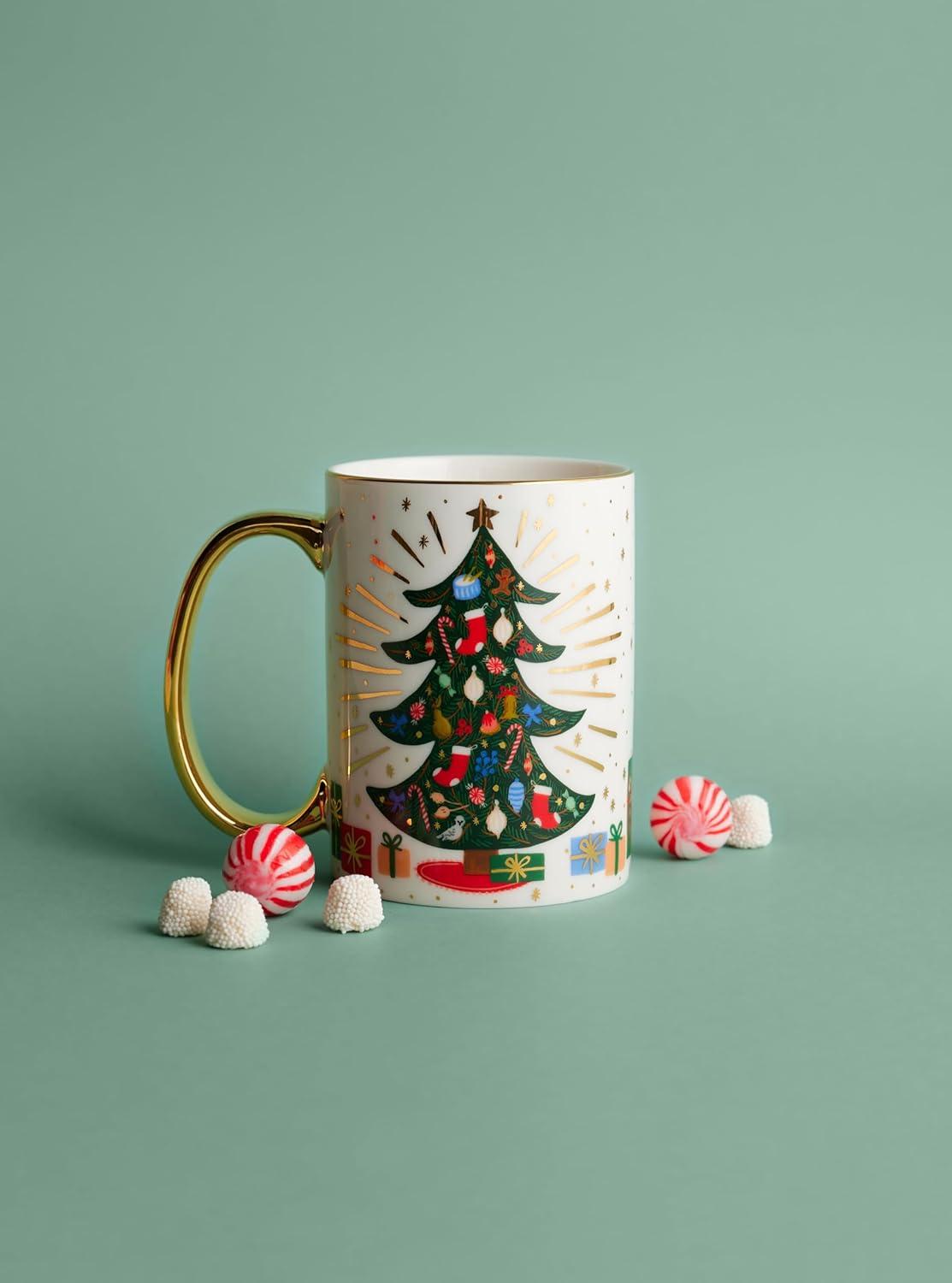 Festive Multicolor Ceramic Holiday Tree Mug with Gold Accents