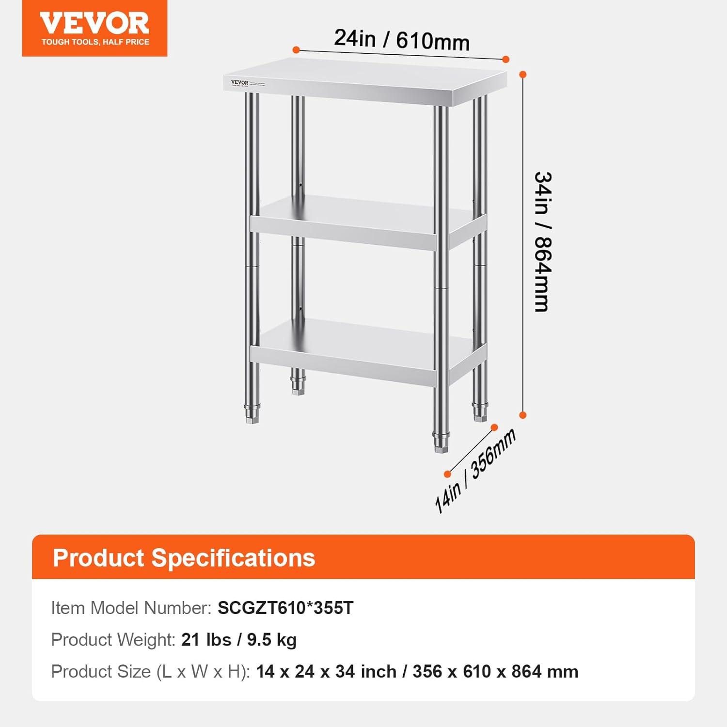 VEVOR Stainless Steel Food Prep Table, 14 x 24 x 34 Inch Commercial Food Prep Worktable Heavy Duty Prep Worktable, Metal Work Table with Adjustable Height for BBQ, Kitchen, Home, and Garage