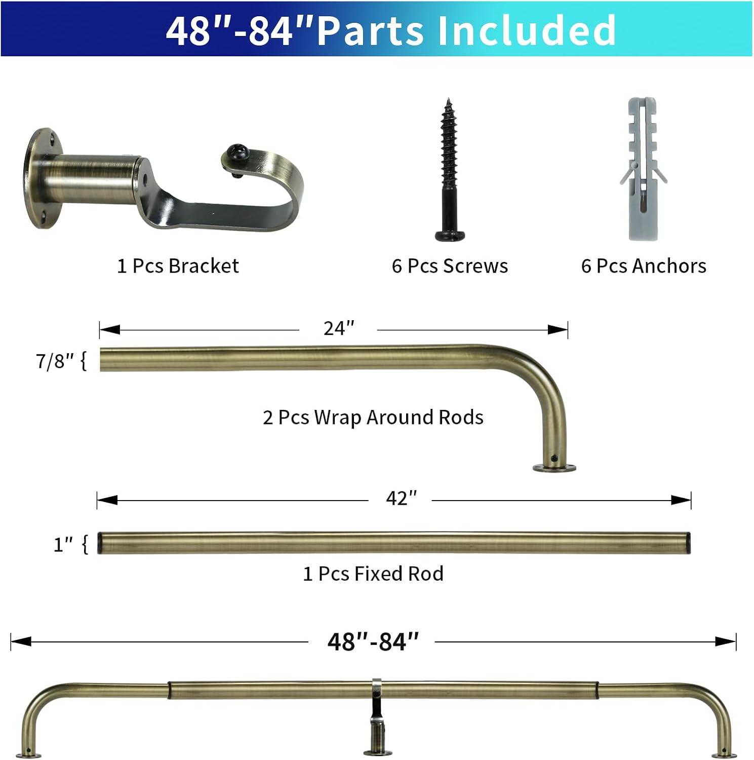 Urbanest Energy Saving Wrap Around Black Out Room Darkening Adjustable Window Curtain Metal Rod Set Heavy Duty, 1" Diameter, Antique Brass, 48"-84"