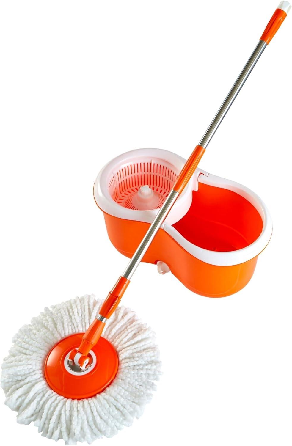 Orange Microfiber Spin Mop with Telescopic Metal Handle and Bucket