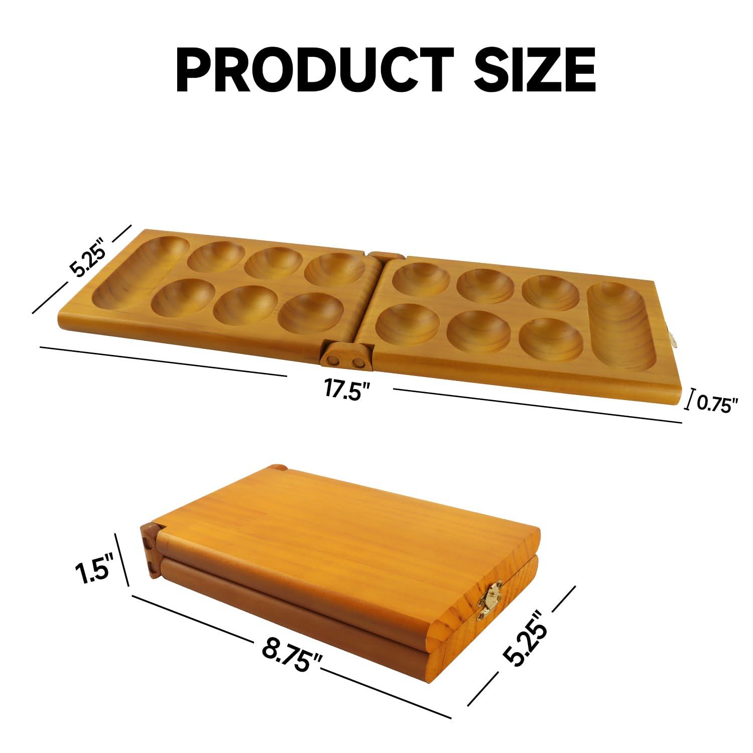 GSE Folding Wooden Mancala Board Game with Multi-Color Glass Stones and Storage Bag, Travel Game - Oak