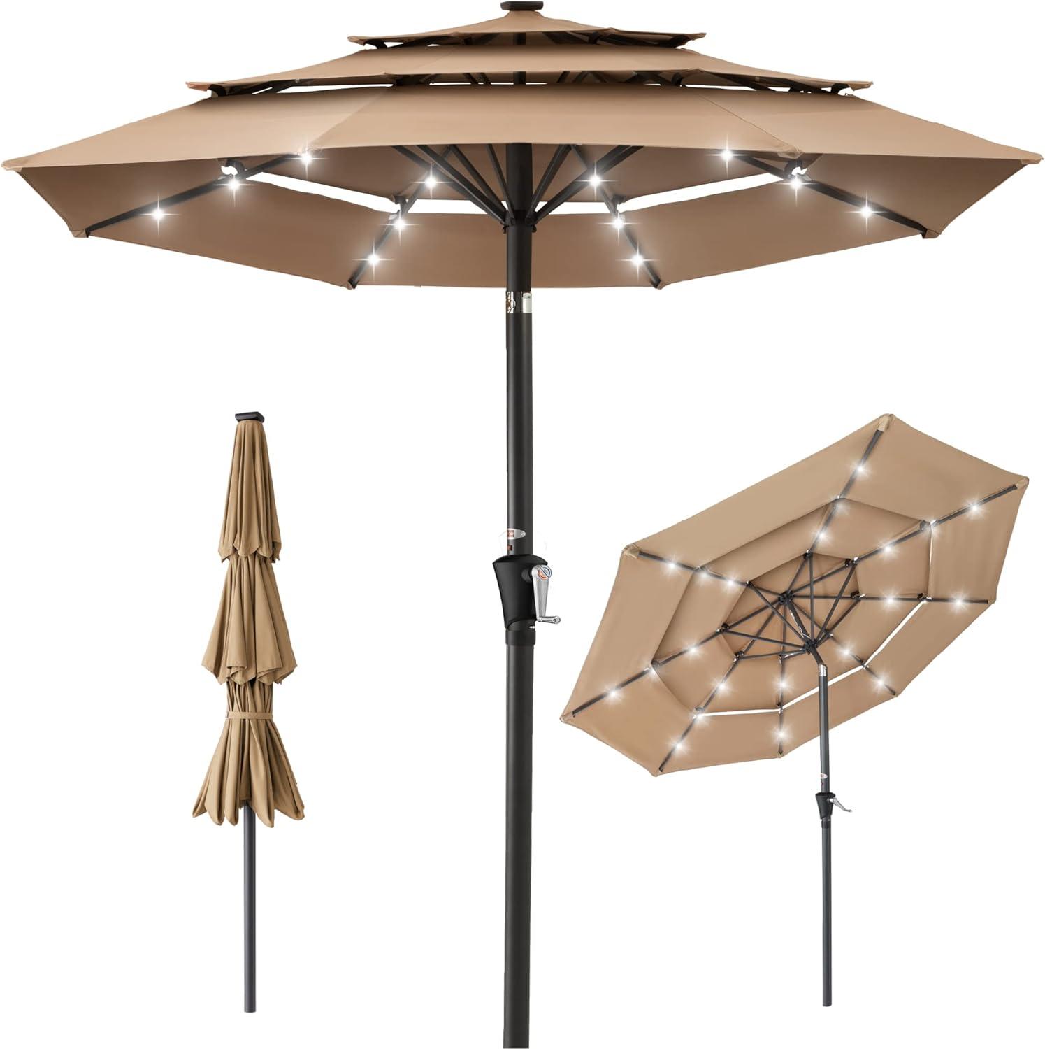 Best Choice Products 10ft 3-Tier Solar Patio Umbrella w/ 24 LED Lights, Tilt Adjustment, Easy Crank - Tan