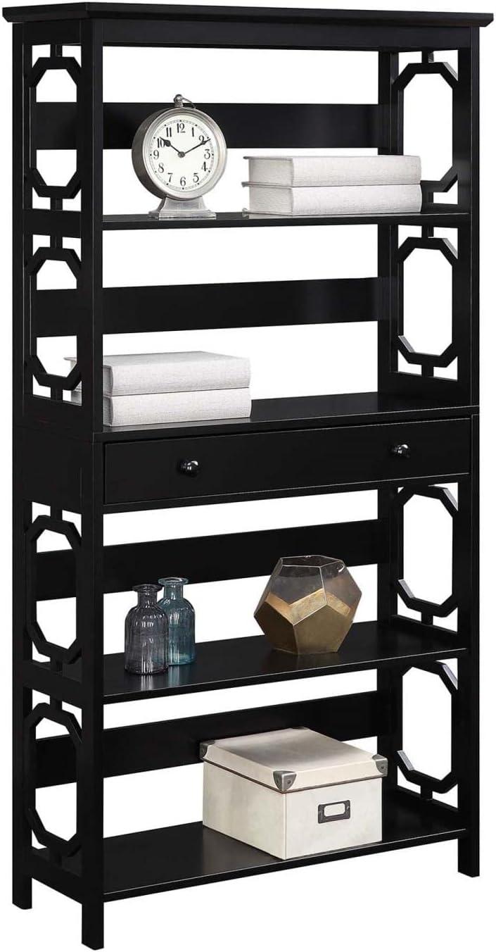 Black Wood 5-Tier Bookcase with Drawer