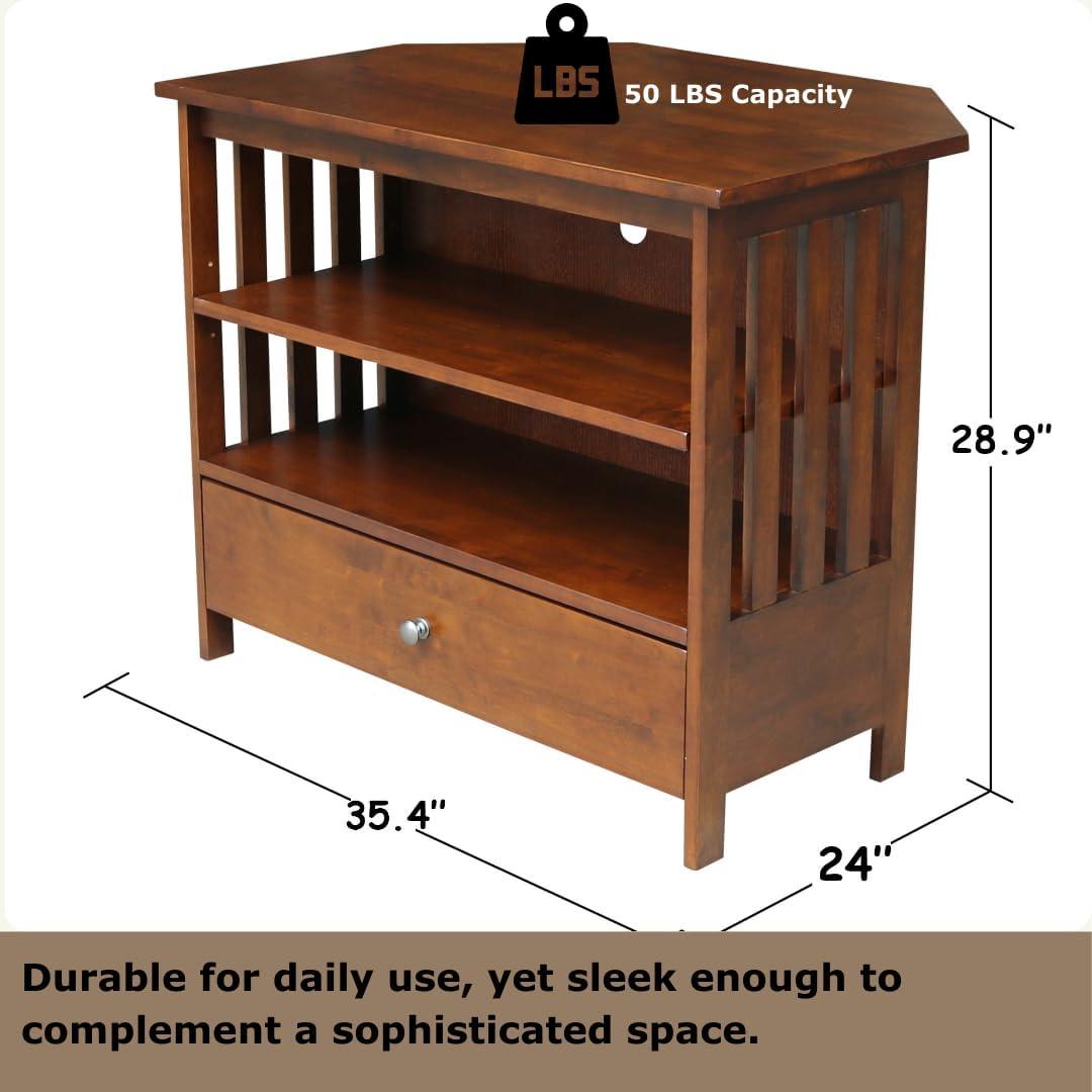 International Concepts Mission Corner TV Stand for TVs up to 38" Brown: Hardwood Frame, Metal Hardware, Storage Drawer