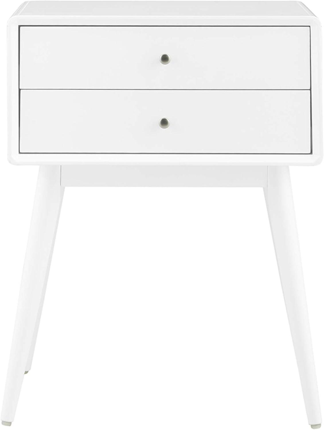 Mid-Century Modern White Wood and Metal Nightstand with Dual Drawers