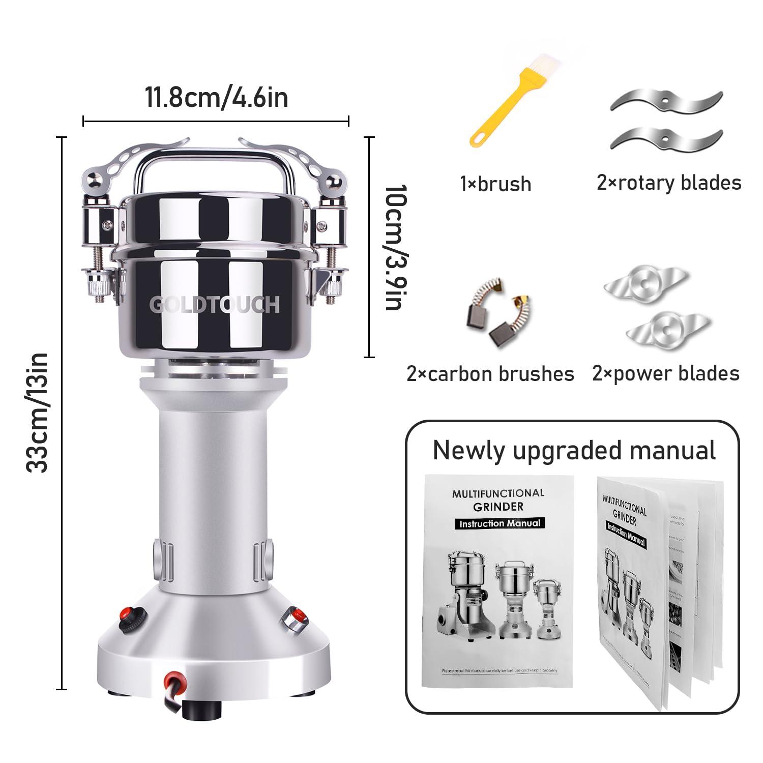 Goldtouch 150g Grain Mill Grinder 1500W Electric Stainless Steel Grain Grinder High-Speed Pulverizer Powder Machine for Dry Wheat, Oats, Corn, Pepper and Coffee Beans (150g Stand Type)